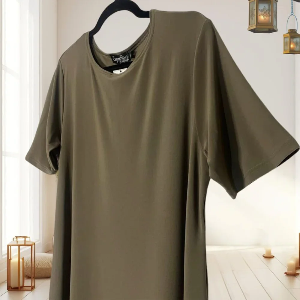 Sympli Trapeze Dress Short Sleeve Size 14 NWT Olive Green Knit Stretch Mod - Picture 4 of 9